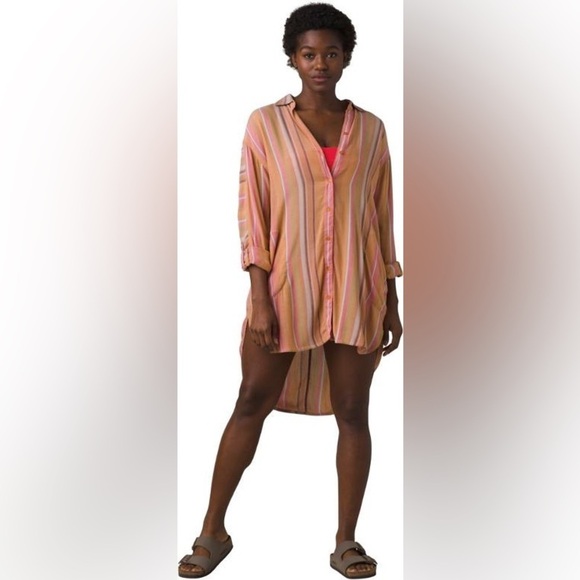 Prana Dresses & Skirts - prAna Scheena Shirt Dress EUC Pink/Orange/Brown Cacti Soleil Stripe, Size Large